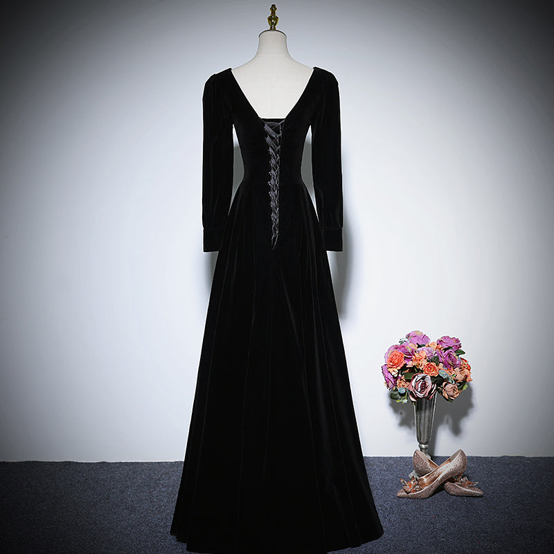 Black velvet evening dress long-sleeved party gowns prom dress - Fashionpara
