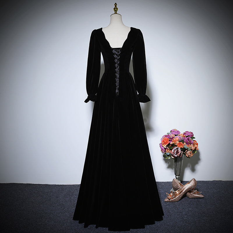 New black long-sleeved velvet dress prom dress - Fashionpara