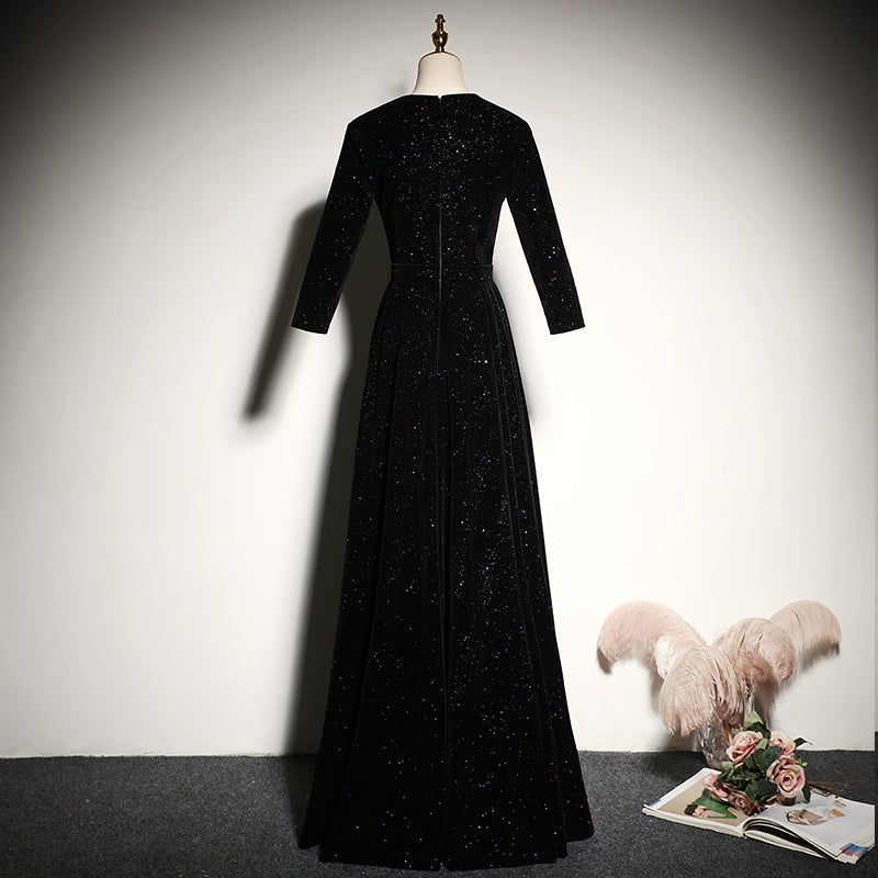 Black velvet evening dress 2022 new long-sleeved prom dress - Fashionpara