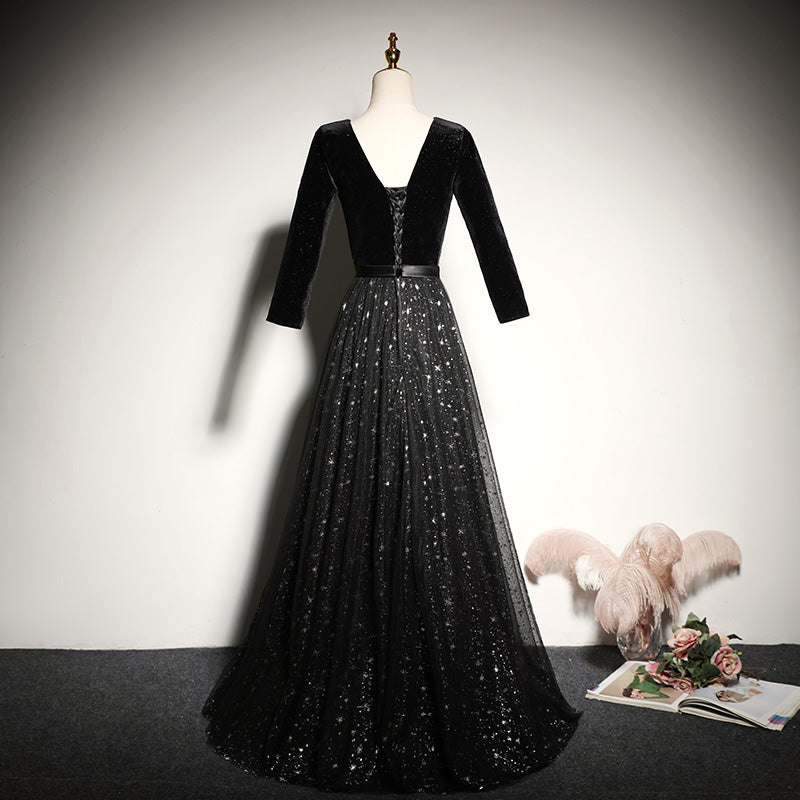 Black velvet evening dress new long-sleeved prom dress - Fashionpara