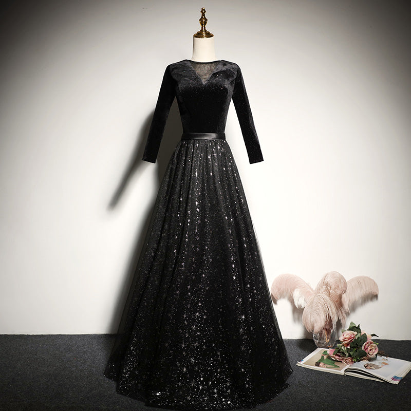 Black velvet evening dress new long-sleeved prom dress - Fashionpara