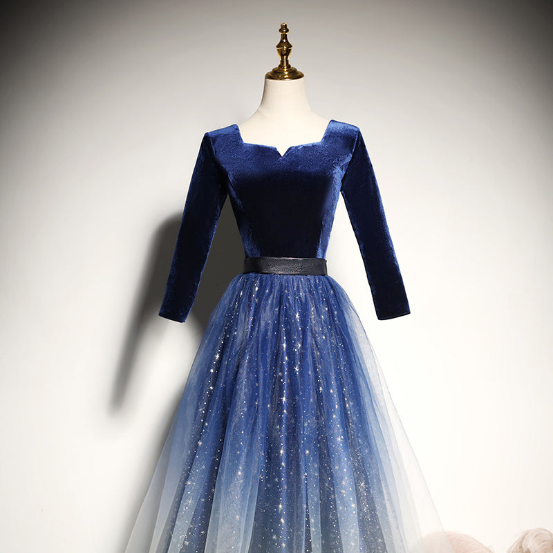 Blue velvet evening dress new long-sleeved prom dress - Fashionpara