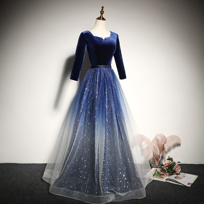 Blue velvet evening dress new long-sleeved prom dress - Fashionpara