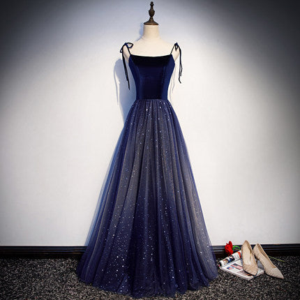 Simple A line Prom Dresses Navy Blue Tulle Evening Dress Bridesmaid dress - Fashionpara