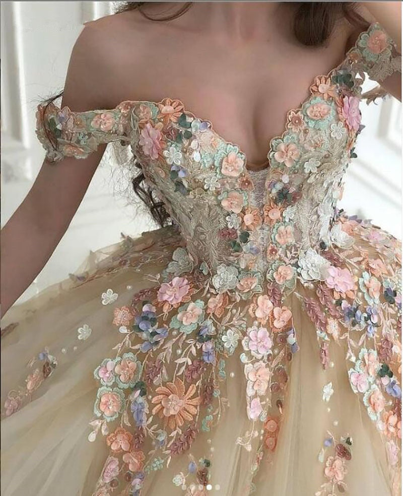 Off the Shoulder Champagne Floral Long Prom Dresses, Off Shoulder Champagne 3D Flower Long Formal Evening Dresses - Fashionpara