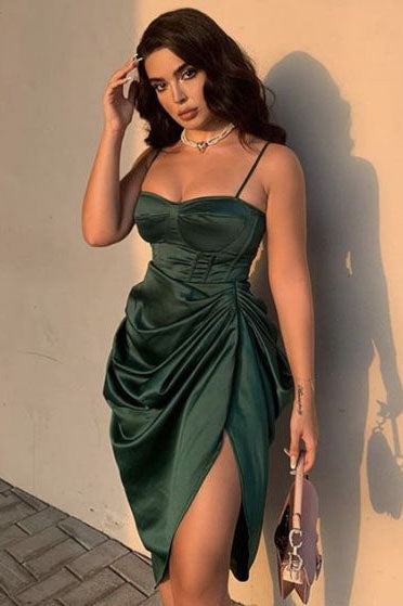 Sexy Dark Green Spaghetti Straps Sheath Short Prom Dresses, Homecoming Dresses - Fashionpara