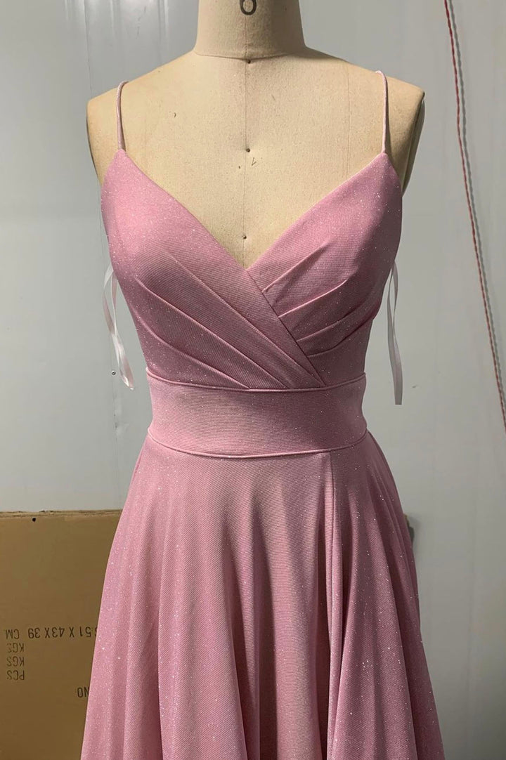 Pink V-neck long prom dress A-line evening dress - Fashionpara