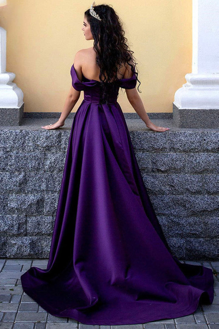 Purple satin long A-line prom dress evening dress - Fashionpara