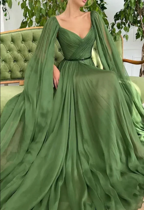 Green V-neck chiffon long prom dress A-line evening dress - Fashionpara