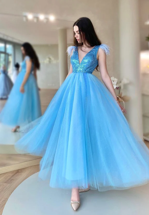 Blue V-neck tulle sequins long prom dress A-line evening dress - Fashionpara