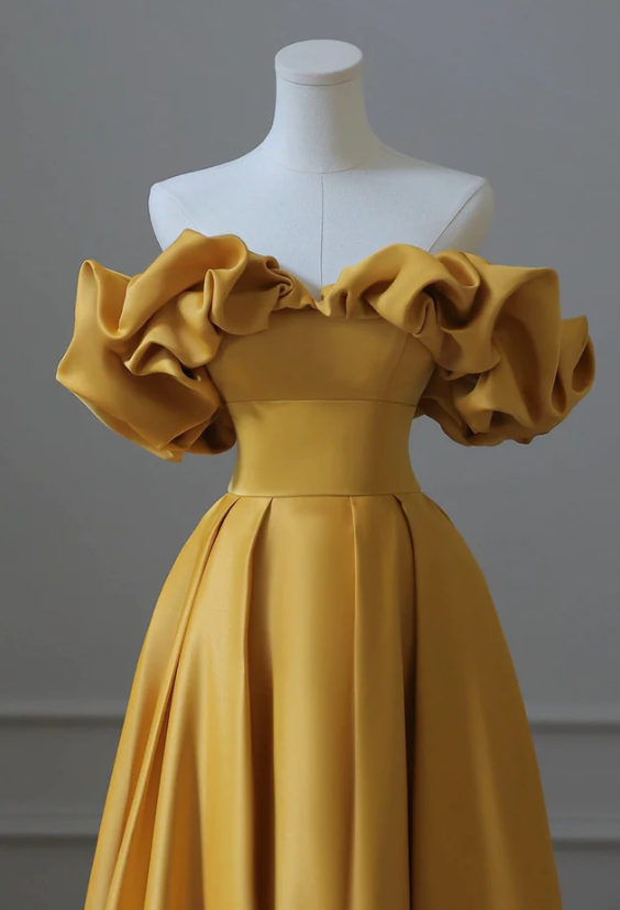 Yellow satin long ball gown dress formal prom dress - Fashionpara