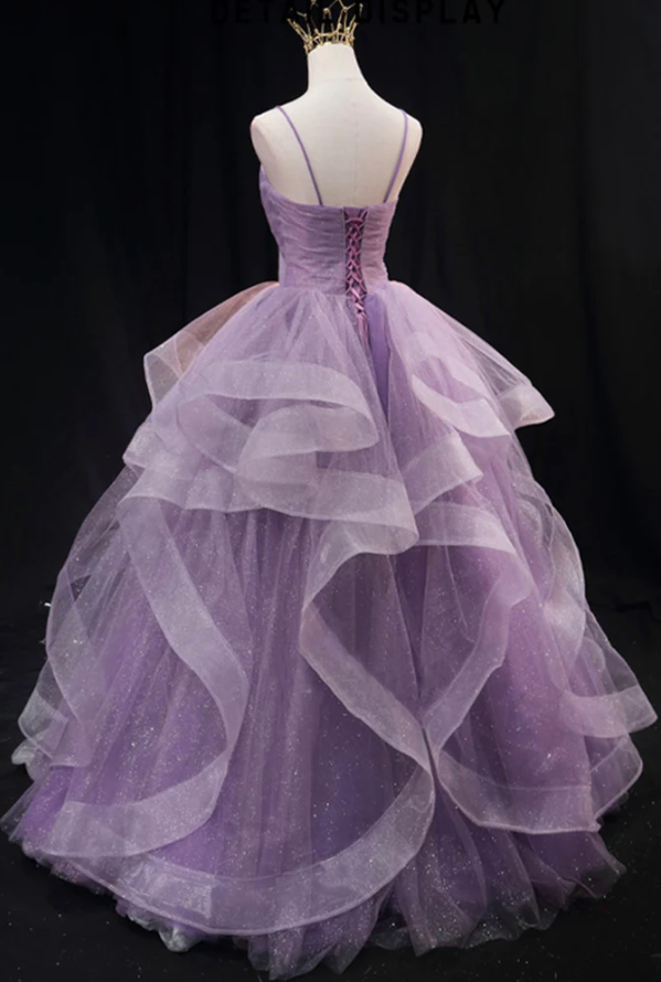 Purple tulle long prom dress A line evening gown - Fashionpara