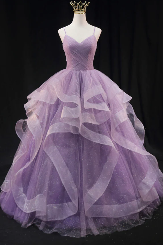 Purple tulle long prom dress A line evening gown - Fashionpara