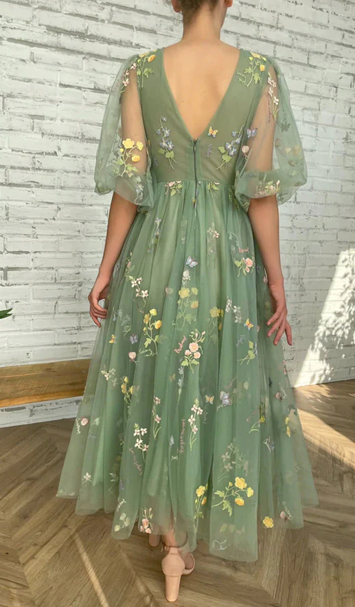 Elegant V Neck Green Tea Length Prom Dresses - Fashionpara