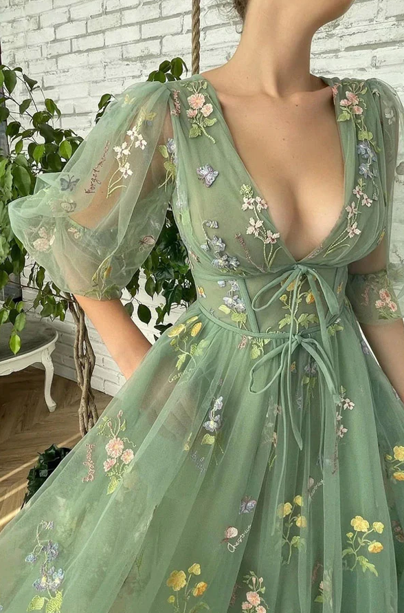 Elegant V Neck Green Tea Length Prom Dresses - Fashionpara