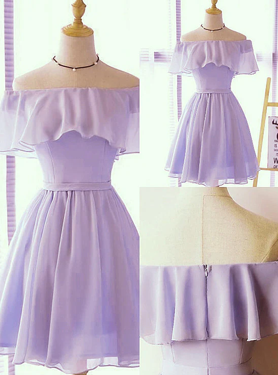 Lovely Short Chiffon Light Purple Party Dress, Off the Shoulder Short Prom Dress - Fashionpara