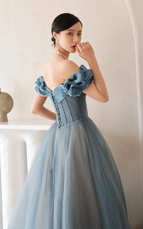 Blue tulle long A line prom dress off shoulder evening dress - Fashionpara