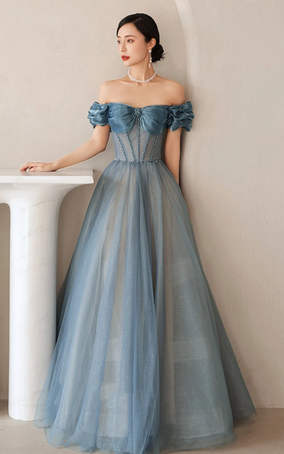 Blue tulle long A line prom dress off shoulder evening dress - Fashionpara