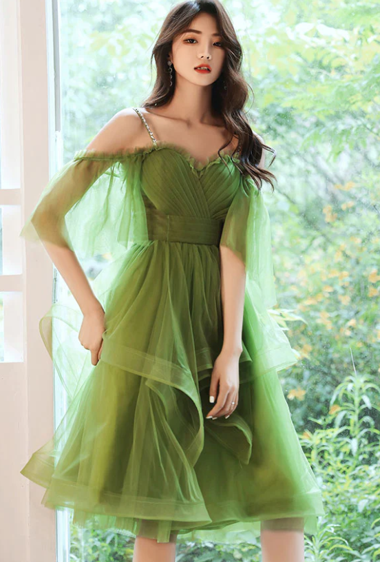 Green sweetheart neck green tulle prom dress, puffy green homecoming dress - Fashionpara
