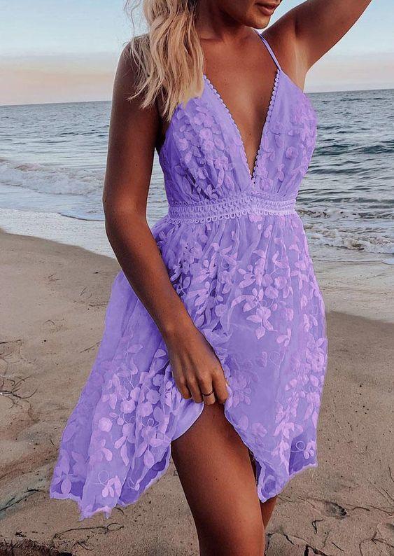 Floral Lace Open Back Spaghetti Strap Purple Short Homecoming Dress - Fashionpara