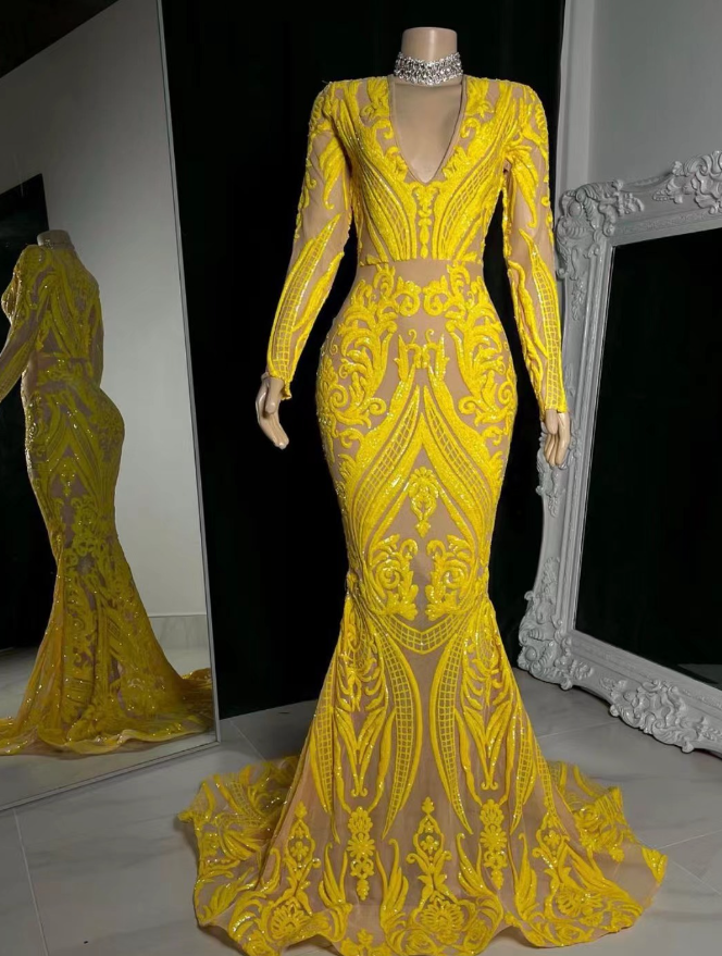yellow prom dresses, mermaid prom dresses, 2022 prom dresses, long sleeve prom dresses - Fashionpara