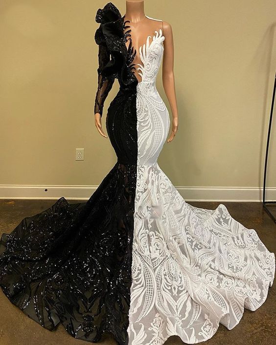 Black and white prom dress, lace prom dresses, mermaid prom dress, long sleeve prom dress, vintage prom dresses, sparkly prom dresses - Fashionpara