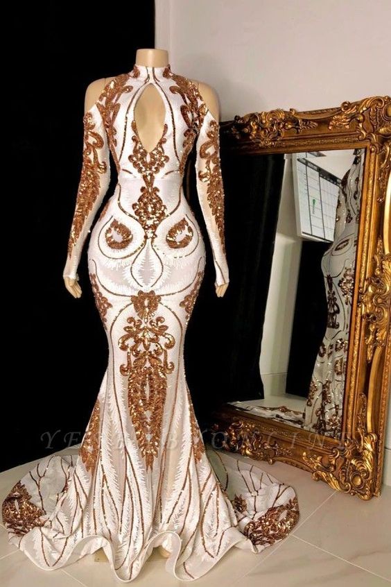 White and Gold High Neck Keyhole Long Sleeves Mermaid Prom Dresses - Fashionpara
