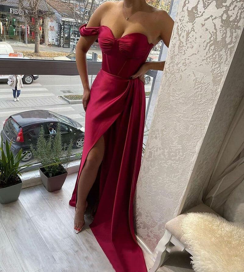 Sweetheart Formal Evening Gowns Sexy Corset Prom Dresses,Side Split Satin Party Dress - Fashionpara