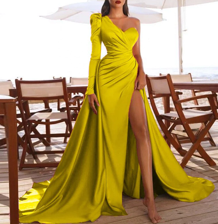 One-shoulder Long Sleeve Cocktail Dress Long Prom Dress Party Dress With Split - Fashionpara
