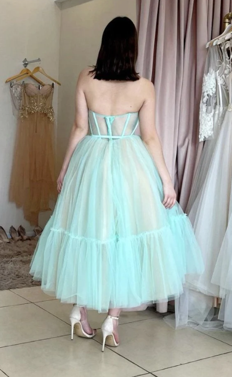 Blue tulle short A line prom dress - Fashionpara