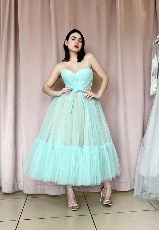 Blue tulle short A line prom dress - Fashionpara