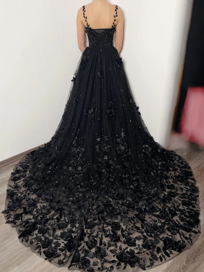 3D floral lace corset dress, alternative bride fantasy tulle train prom gown - Fashionpara