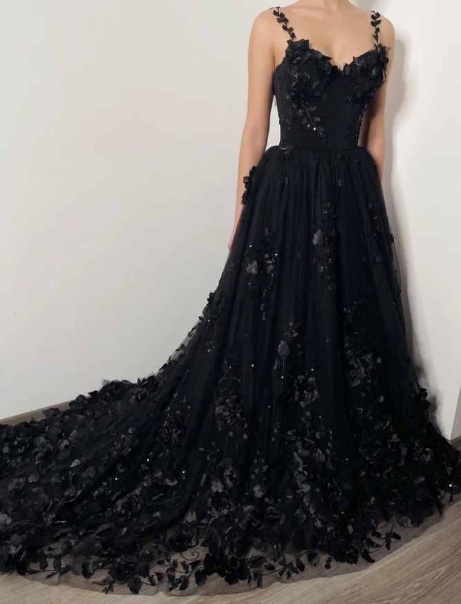 3D floral lace corset dress, alternative bride fantasy tulle train prom gown - Fashionpara