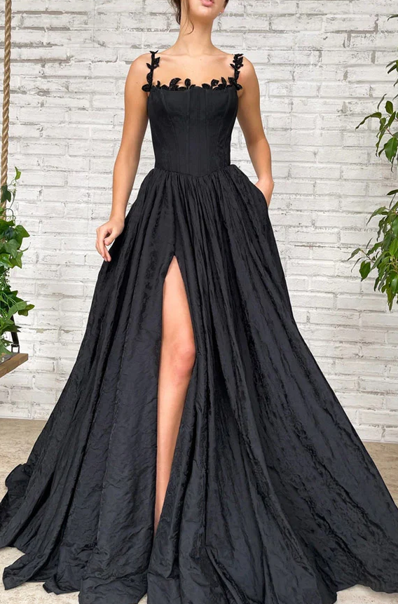 Black A Line Taffeta Long Prom Dress With Slit - Fashionpara