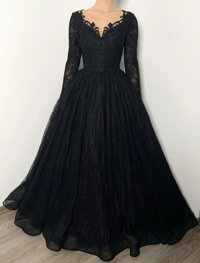 Black romantic wedding dress lace dress with buttons - Fashionpara