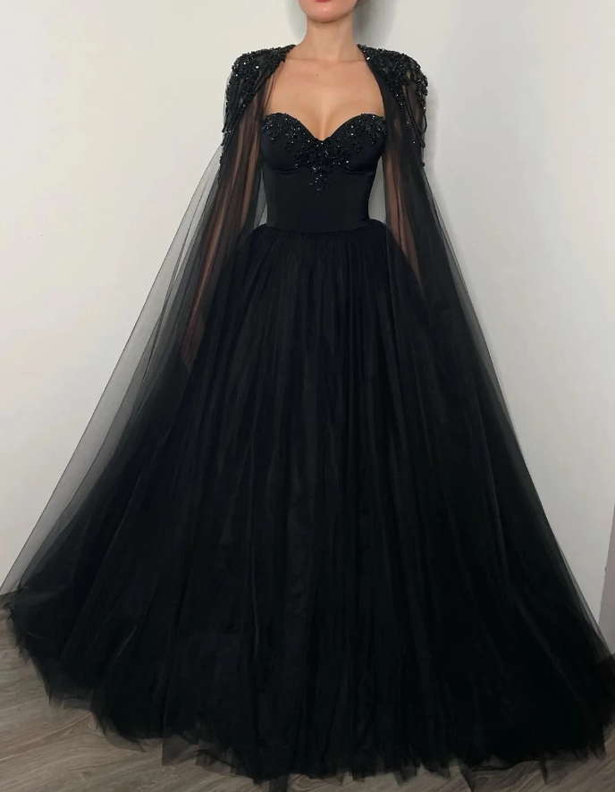 Black romantic wedding dress Black crystal beaded corset wedding tulle dress, elegant beaded bride dress - Fashionpara