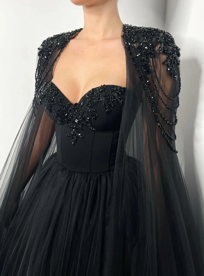Black romantic wedding dress Black crystal beaded corset wedding tulle dress, elegant beaded bride dress - Fashionpara