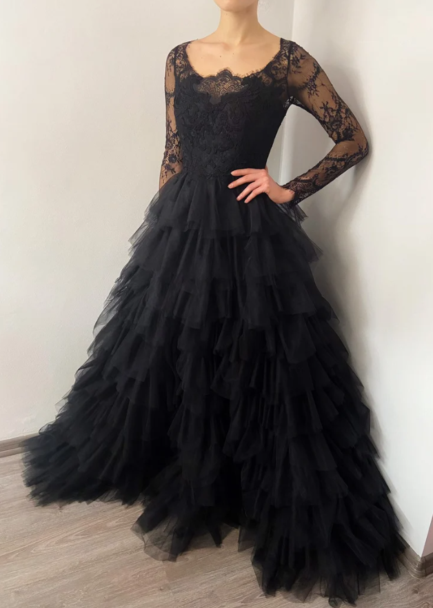 Black ruffle skirt tulle lace wedding gown prom dress long formal gowns - Fashionpara