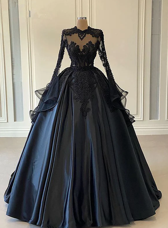 Ball Gown Black Long Sleeves Lace Prom Dresses,Beading Formal Evening Dresses - Fashionpara