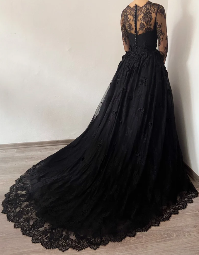 Black wedding dress 3D lace floral tulle dress, Prom Dresses,Formal Evening Dresses - Fashionpara