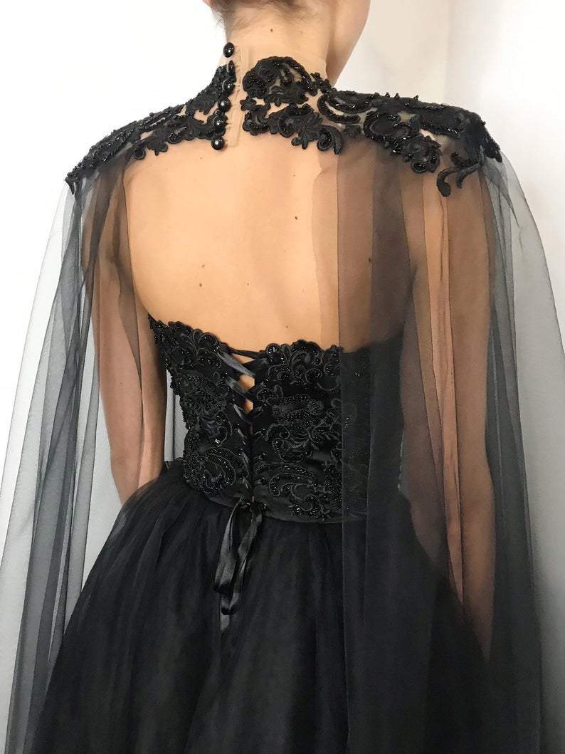 Black gothic corset lace wedding dress with cape, heavy beading fantasy gown, black tulle wedding dress, alternative bride dress - Fashionpara