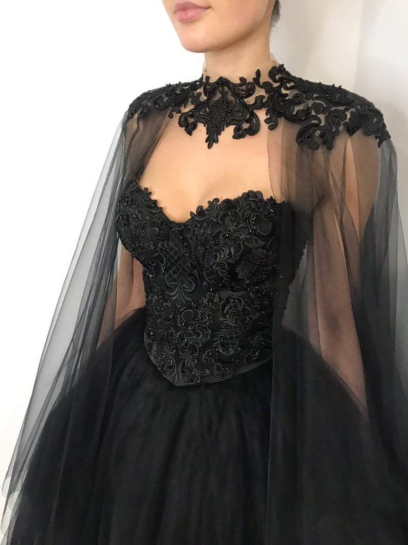 Black gothic corset lace wedding dress with cape, heavy beading fantasy gown, black tulle wedding dress, alternative bride dress - Fashionpara