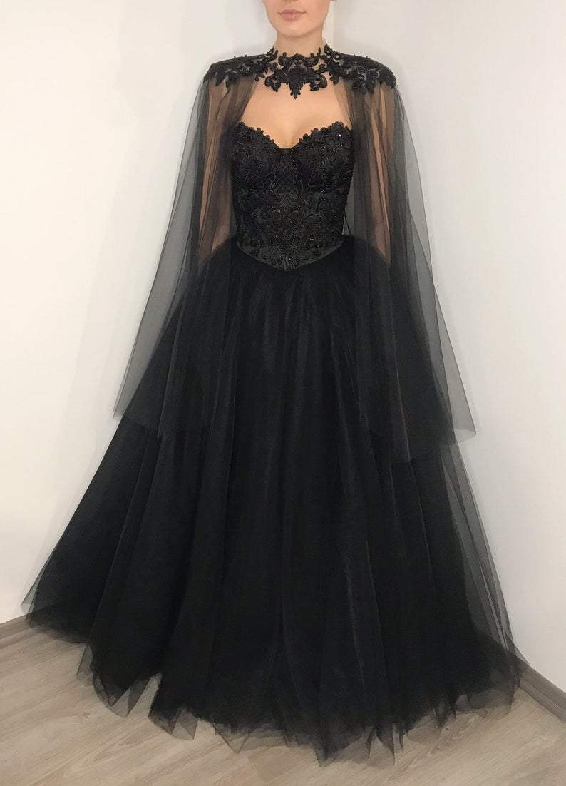 Black gothic corset lace wedding dress with cape, heavy beading fantasy gown, black tulle wedding dress, alternative bride dress - Fashionpara