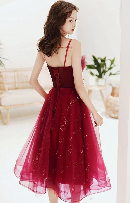 Burgundy lace sequins short homecoming dress - Fashionpara