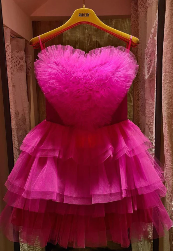 A Line Strapless Tiered Homecoming Dress With A Heart Shape, Hot Pink Short Dress - Fashionpara