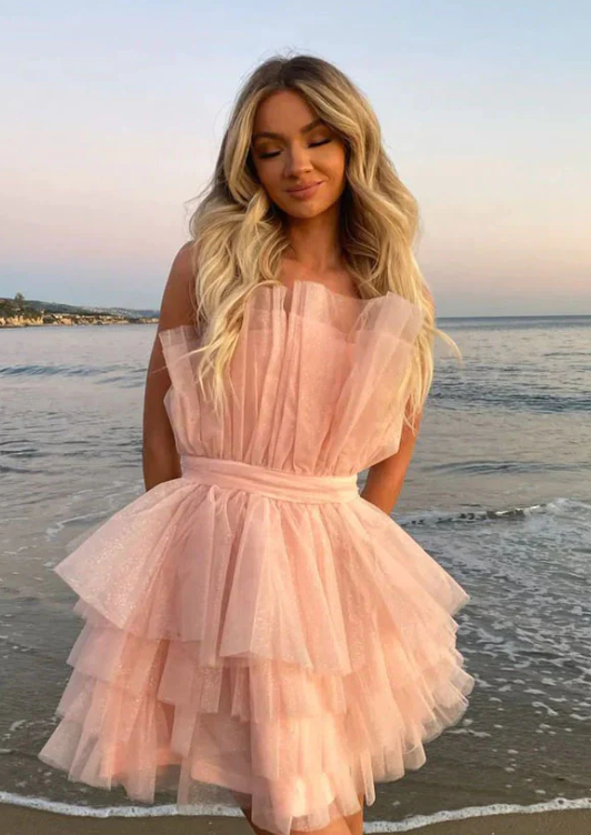 Sparkly Cute Strapless Pink Tulle Short Homecoming Dress - Fashionpara