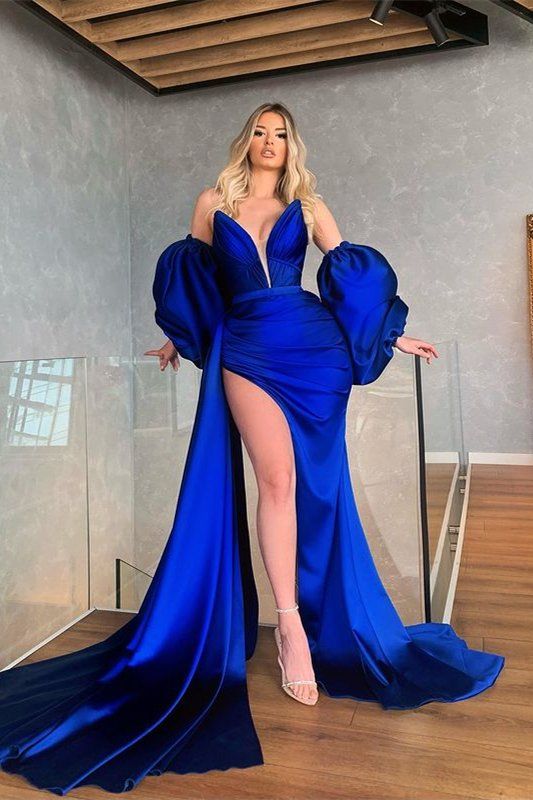 Amazing Royal Blue Removable Sleeves Mermaid Prom Dress With Slit - Fashionpara