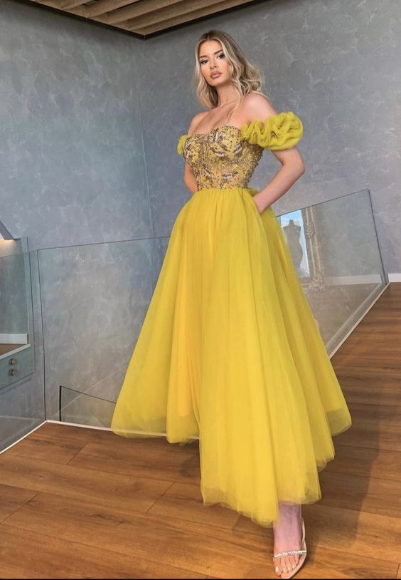 Tulle Tea Length Prom Dress - Fashionpara