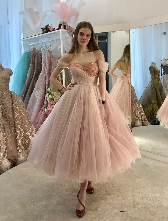 Tulle Pink Prom Dress Tea Length Prom Dress - Fashionpara
