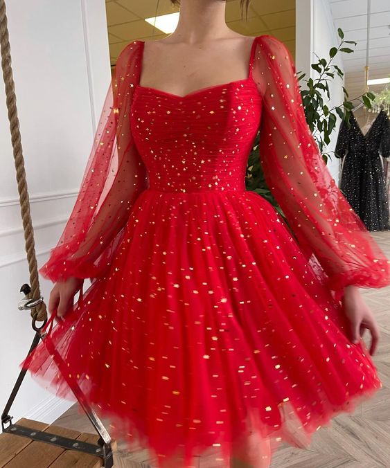 Tulle Ball Gown Long Sleeve Bling Sequins Short Mini Knee Girls Party Homecoming Dresses - Fashionpara